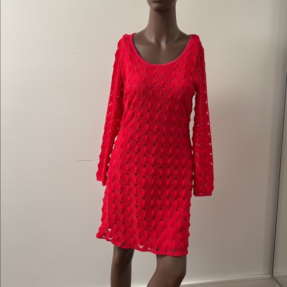 Free People wild thing red mini dress lace crochet knit longsleeve Medium M - Picture 2 of 9